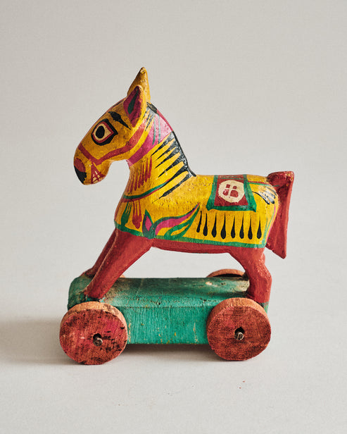 Vintage Painted Wooden Horse on Wheels