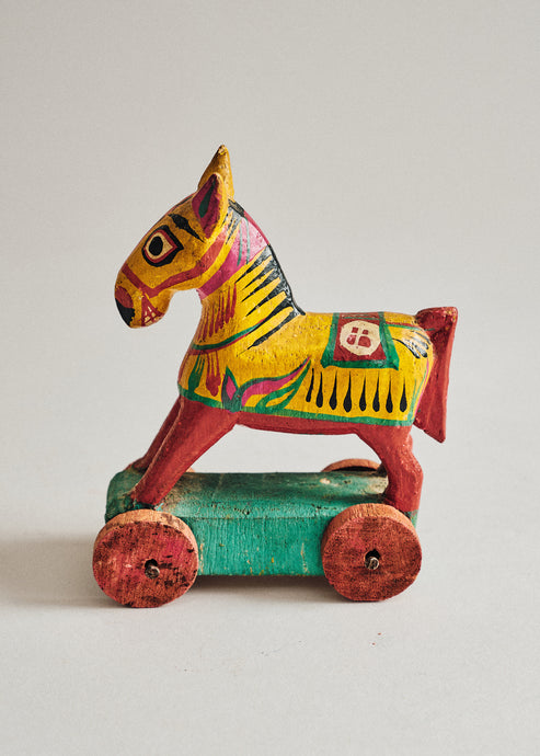 Vintage Painted Wooden Horse on Wheels