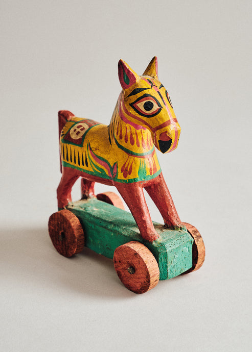 Vintage Painted Wooden Horse on Wheels