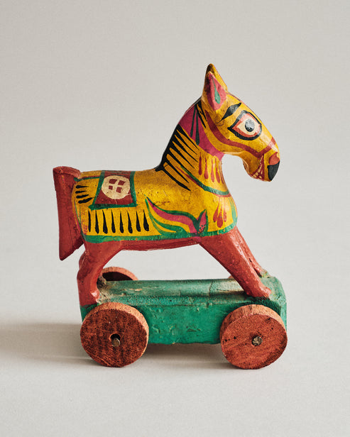 Vintage Painted Wooden Horse on Wheels