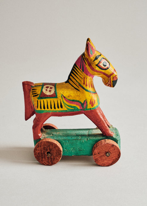 Vintage Painted Wooden Horse on Wheels