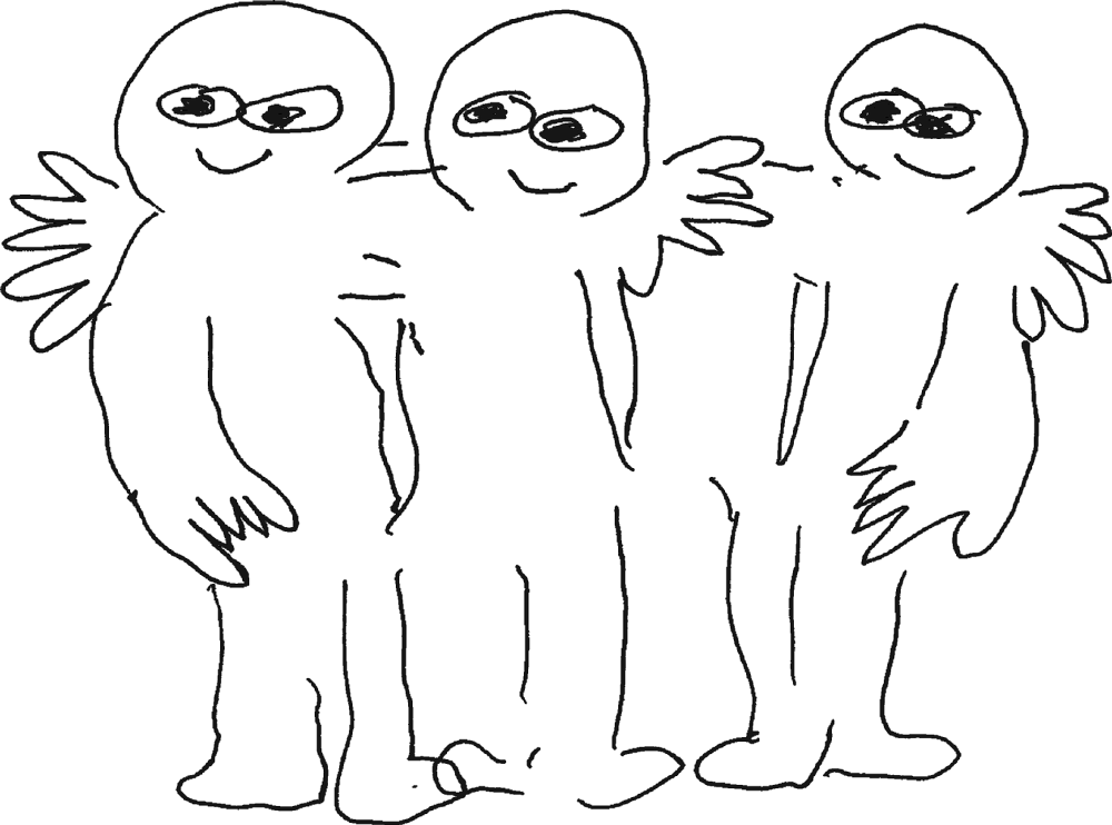 Three smiling figures with feathered arms, drawn in black ink